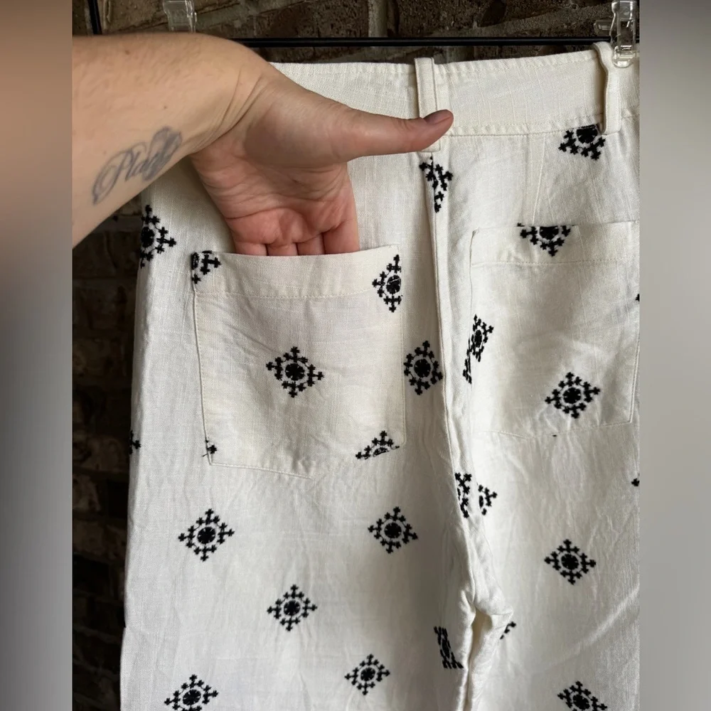 ZARA Linen Blend Embroidered Wide Leg Pants White Black Boho Resort S